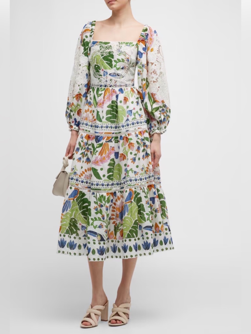 FARM Rio Summer Garden Embroidered Cotton Midi Dress Botanical Print NWT size L